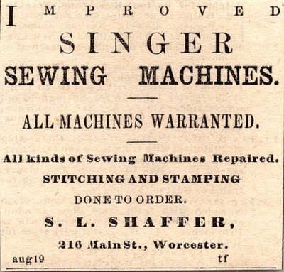 S. L. Shaffer Singer Sewing Machines 1871 Worcester MA Clipping TAJ8-S61