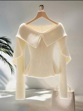 Elegant Off Shoulder Ribbed Sweater With Slash Neck and Pleated Flare Sleeve XXL