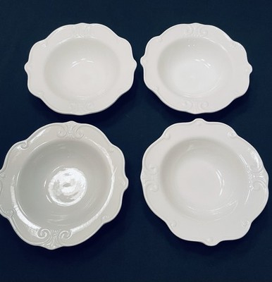 Sauvignon BLANC DE BLANC Set Of 4 Rimmed Bowls 9'' White Embossed French Scrolls