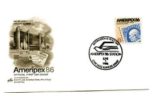 Ameripex86 International Peace Day, Brown ArtCraft, cancel