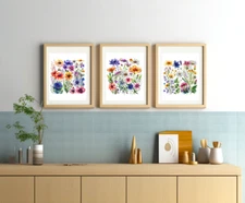 3 Sets Wildflowers Watercolor Print Spring Summer Wall Decor 8.5”x11” Unframed