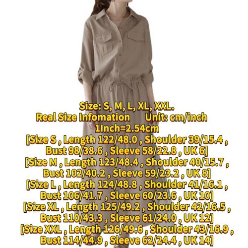 Women Midi Shirt Pocket Dress Long Sleeve Button Front Drawstring Casual Dress - Imagen 8 de 18
