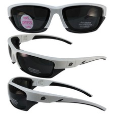 BIRDZ ORIOLE 2 PADDED MOTORCYCLE SUNGLASSES WHITE AND GREY FRAME SMOKE LENS
