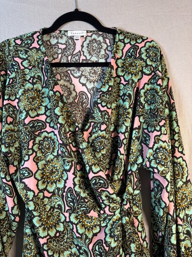 Topshop Women's Floral Ruffle V Neck Mini Wrap Dress Size 8 US Turquoise Pink - Picture 7 of 18