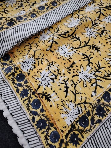 Indian Hand Block Print King Size Blanket Floral Black Cotton Sofa Throw - Picture 4 of 6