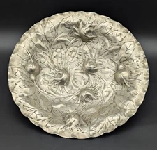 Hammered Repousse Footed Silvertone Metal Bowl Floral Ruffled Edge Handmade
