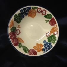 PIER 1 PER54 SOUP BOWL 7 7/8" MULTI-COLOR FRUIT FLOWERS LEAVES BLUE TRIM ENGLAND