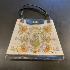 Vintage 1960's Jeweled Purse Canvas Wood Leather Enid Collins Style