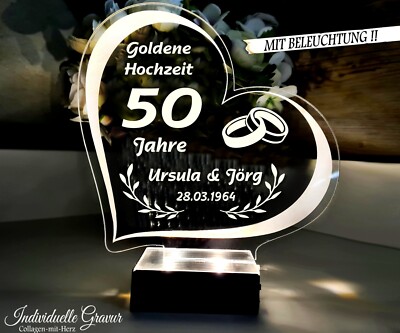 Geschenk Goldene Hochzeit 50 Jahre Hochzeitstag Gravur BELEUCHTET LED