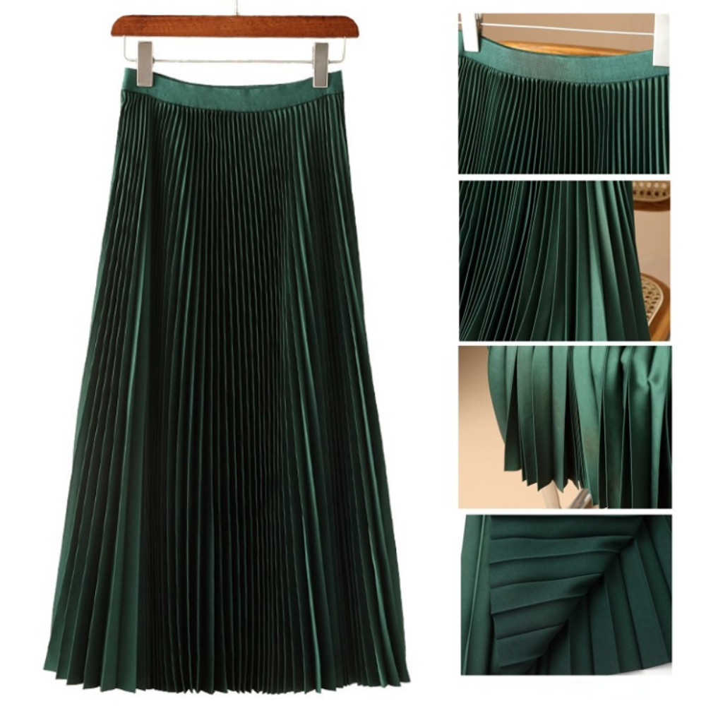 Ladies Shiny Pleated Skirt Satin Unlined Half Dress High Elastic 