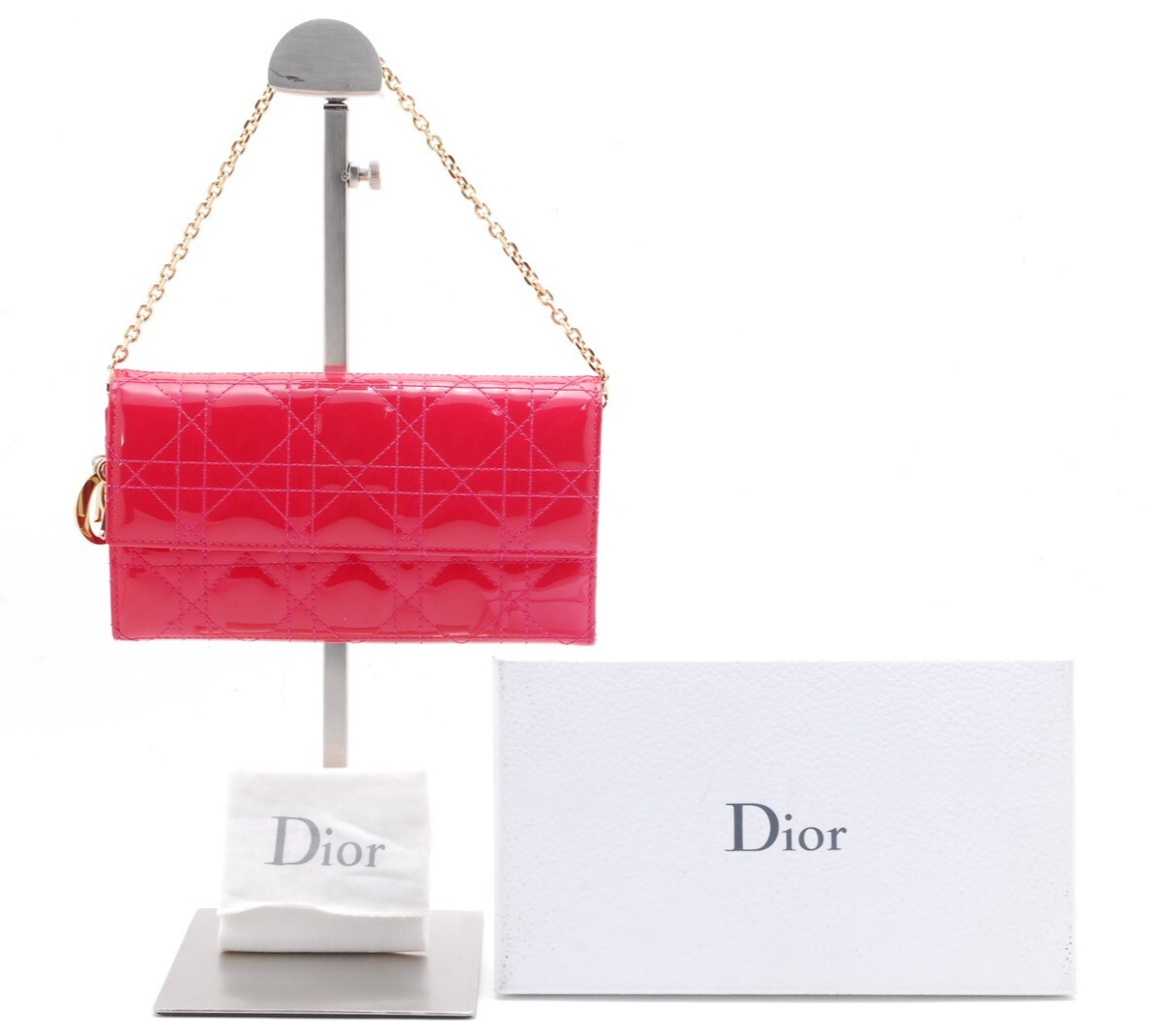 Dior Lady Dior Pink Gold Enamel Leather Chain Wallet Authentic