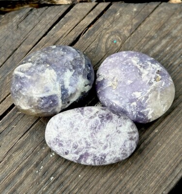 3 PCS Hand Polished LEPIDOLITE Healing Crystal Palm Stone Pebble Lot MADAGASCAR