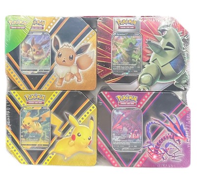POKEMON TRADING CARDS TCG COSTCO 4 PACK TINS SET NIB SEALED PIKACHU TYRANITAR