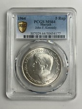 SHARJAH 5 Rupees 1964 John F Kennedy PCGS MS64 Saqr III; without