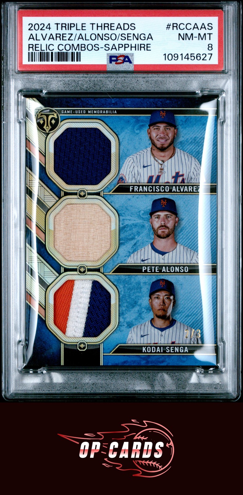 NY Mets Pete Alonso Senga Alvarez 2024 Topps Triple Threads Relic Combo /3 PSA 8 view 1