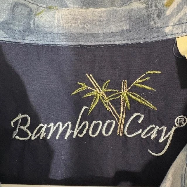 竹制 Cay 衬衫男式大号蓝色夏威夷纽扣前热带印花棉 — 第 3/4 张图片