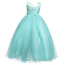 Girls Princess Tulle Lace Flower Pageant Dress Puffy Floor 6-7 Years Turquoise