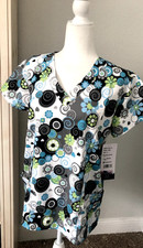 NWT Blue Green Black S ZIKIT STRETCH Geometric Floral SCRUB TOP Medical Nurse DR