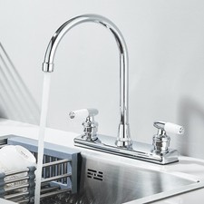 Chrome 4 In Center Kitchen Sink Faucet 2 Handle 3 Holes Swivel RV Bar Mixer Tap