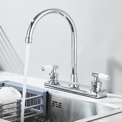 Chrome 4 In Center Kitchen Sink Faucet 2 Handle 3 Holes Swivel RV Bar Mixer Tap