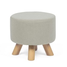 Round Ottoman Foot Rest Stool Fabric Padded Seat Wooden Legs Beige Grey Living