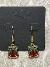 Christmas Red Bells Gem Holiday Gold Loop Enamel Dangle Adorable Earring Set