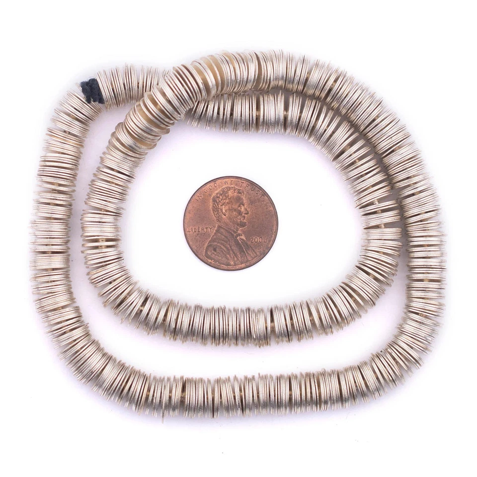 Silver Flat Disk Heishi Beads 8mm White Metal 15 Inch Strand - Image 2 of 3