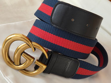 Gucci Marmont Blue Red Fabric Belt Black Leather Size 95cm 32/34 Gold GG