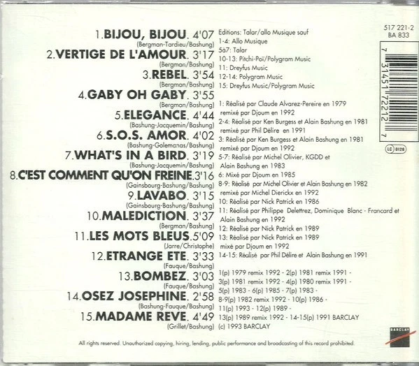 CD 15 TITRES ALAIN BASHUNG BEST OF 1992 Barclay – 517 221-2 - Photo 2/2