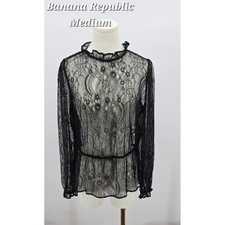 Banana Republic Black Sheer Floral Lace Ruffle Blouse Romantic Gothic Medium