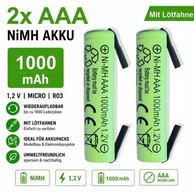 2x AAA NiMH 1000 mAh 1,2 V Akku U-Lötfahne wiederaufladbar Micro Batterie R3