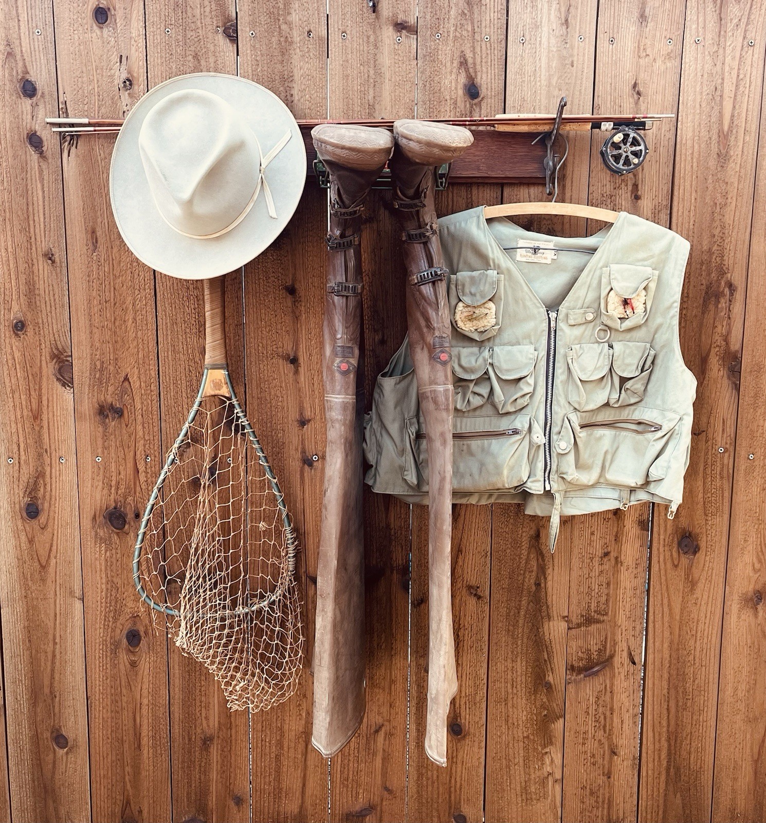 Vintage Estate Fly Fishing Outfit.  Bamboo Rod, Reel, Waders, Vest, Net and Hat