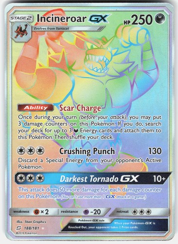 Pokemon Incineroar GX 188/181 Rainbow Rare Team Up Pokemon Holo Near Mint
