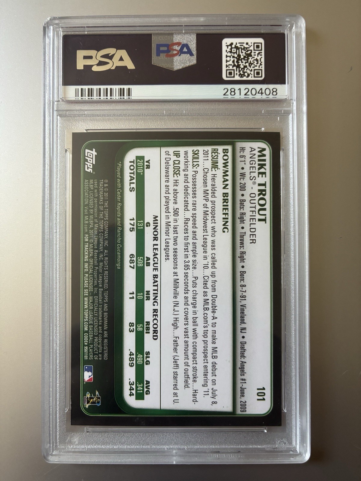 MIKE TROUT PSA 9 2011 BOWMAN DRAFT #101 ROOKIE RC ANGELS view 2