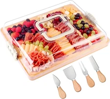 Charcuterie Board with Lid and Handle - Portable Medium-6 Compartments, White 