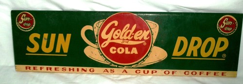 ANTIQUE SUN DROP GOLDEN COLA SODA METAL COFFEE CUP STORE ART ADVERTISING SIGN A+