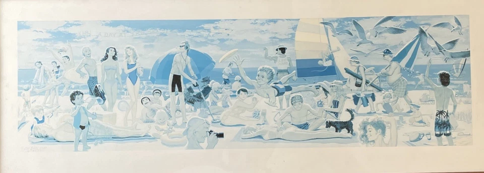 Arte enmarcado ilustración rara firmada por Jay Scott Pike A Day At The Beach *solo uno* Foto 3 de 4