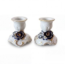 Pair of porcelain candle holders plaue 1817 real cobalt flowers blue gold vintage GDR
