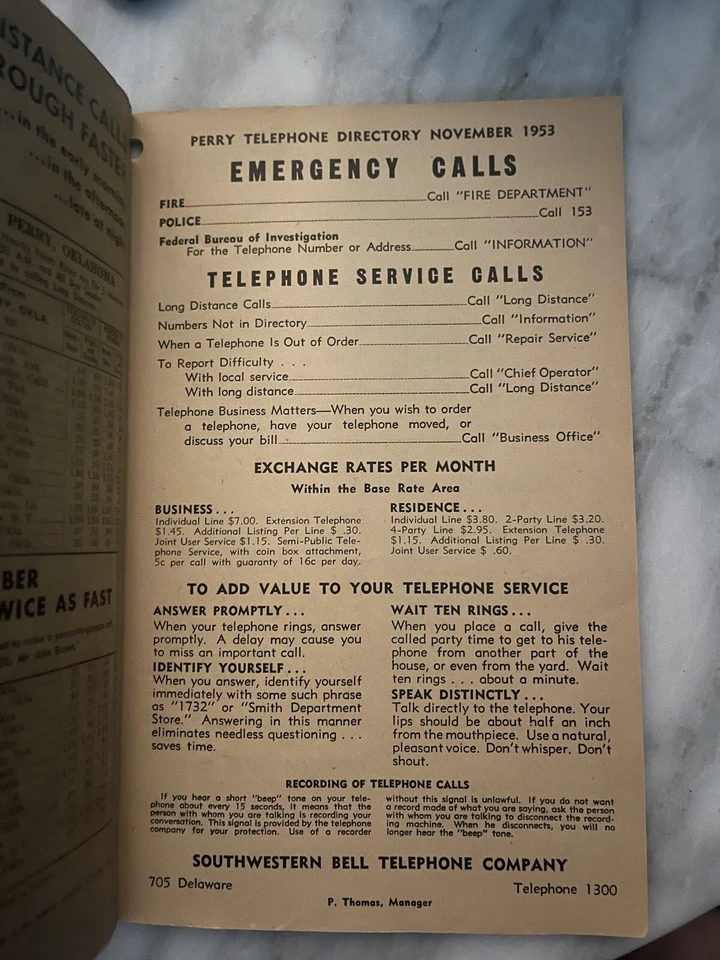 rare 1953 PERRY OKLAHOMA yellow pages southwestern bell telephone directory  - Image 2 of 4