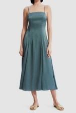  497 Theory Women's Green Satin Cami Crushed Circle Midi A-Line Dress Size 8
