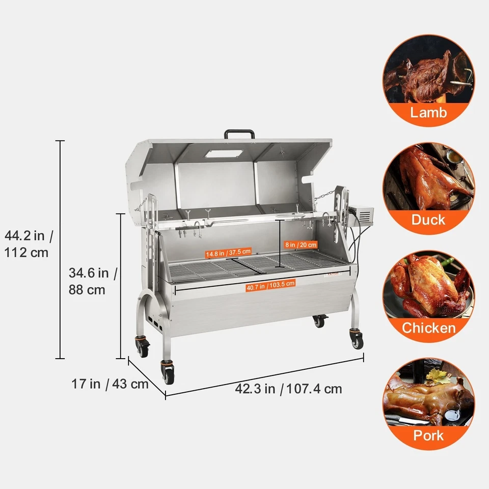 Barbecue à Charbon avec Tournebroche Électrique Charge 60 kg 4 tr/min Rôtissoire - Photo 3/4