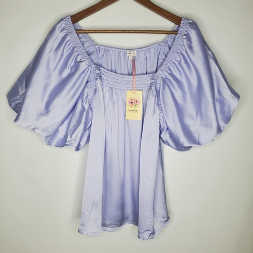 Entro Womens Lavender Purple Square Neck Blouse Size L Puff Sleeve Coquette NWT