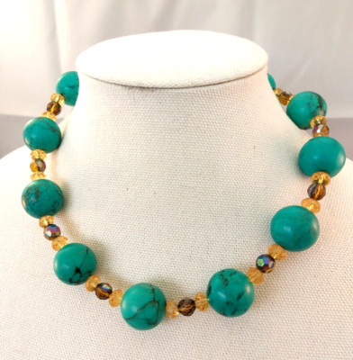 Genuine Turquoise 20mm Bead Statement Necklace w/crystal facetted beads in Ambar