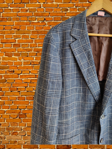 MENS E. THOMAS SIZE UK 44 BLUE CHECK TAILORED SUIT JACKET COAT WOOL SILK LINEN - Picture 3 of 6