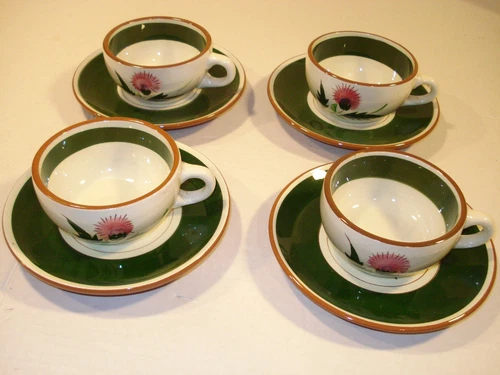 4 Stangl Thistle Pattern Coffee or Tea Cups and Saucers Signed EC