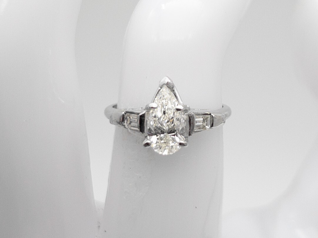 Vintage HANDMADE 7000 1.33ct SI2 J GIA CERT Pear Diamond Platinum