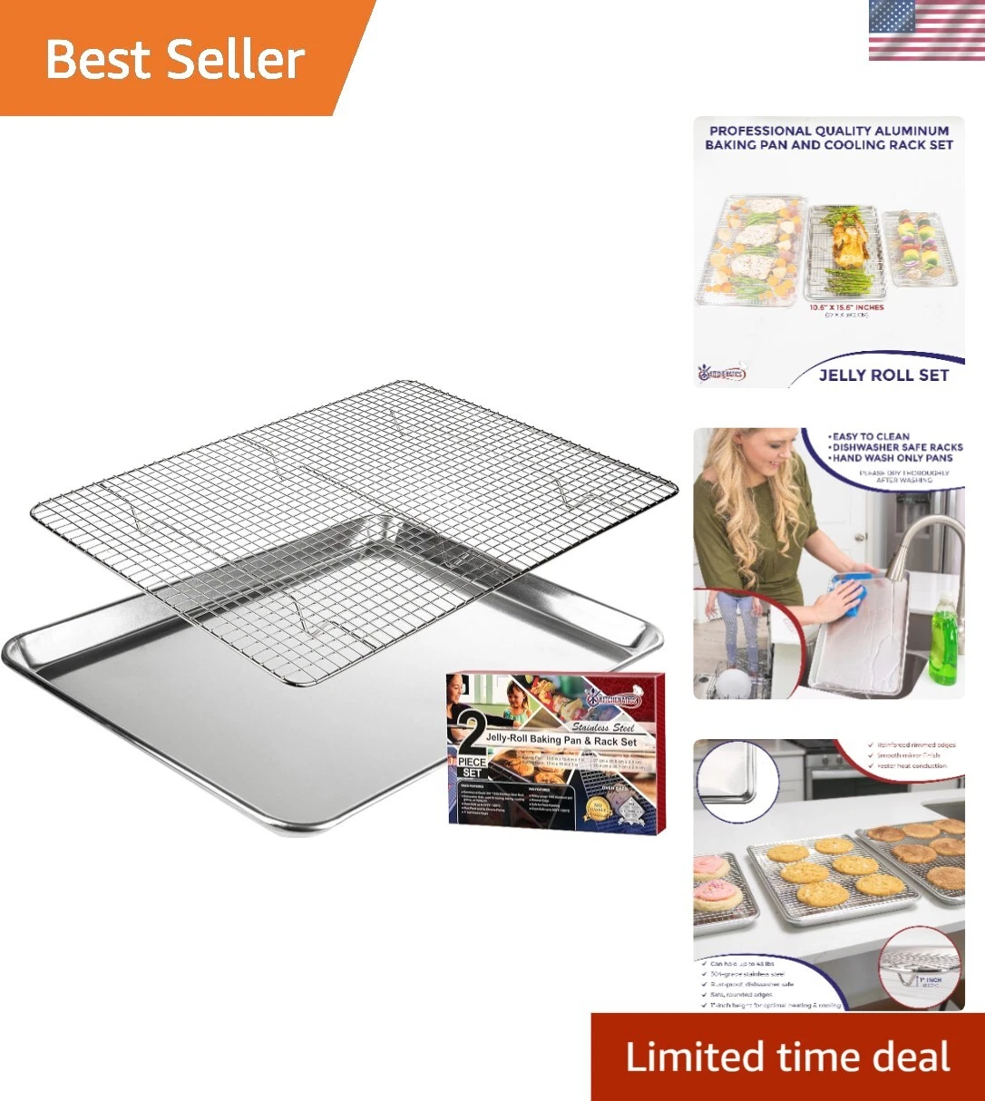 Premium 15x10 Aluminum Jelly Roll Pan with Heavy-Duty Stainless Cooling Rack
Opens in a new window o