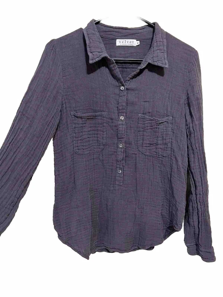 Terciopelo Mujer Clásico Gasa Algodón Camisa Manga Larga en Gris Talla M Foto 4 de 4