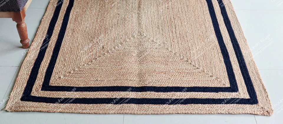 Beige Color Rug With Navy Blue Border Handwoven Rug Beautiful Braided Jute Rugs - Image 2 of 4