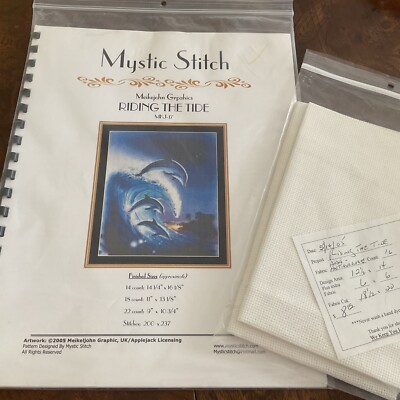 Mystic Stitch cross stitch Chart Riding The Tide Dolphins + 16 Ct Fabric